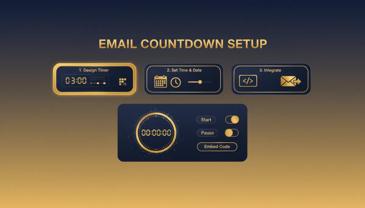 Photorealistic/tech style image of a digital interface for setting up an email countdown timer, highlighting steps and visual controls, with strong use of Lead Savage brand navy #233854 and gold #e5c059. Place after the heading 'Setting one up'.