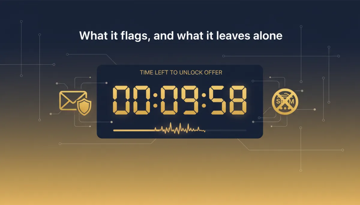 Photorealistic/tech style image featuring a dynamic email countdown timer on a clean interface, using Lead Savage brand colors navy #233854 and gold #e5c059, evoking urgency and modern email marketing technology. Place after the heading 'What it flags, and what it leaves alone'.