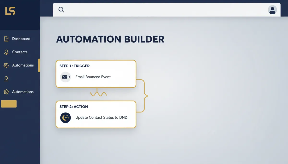 Photorealistic-style, modern SaaS dashboard screenshot that highlights a simple two-step automation: an email bounce event automatically triggers a 'DND' (Do Not Disturb) status for that contact. Use Lead Savage brand colors (navy #233854 and gold #e5c059) for interface accents and call-outs.