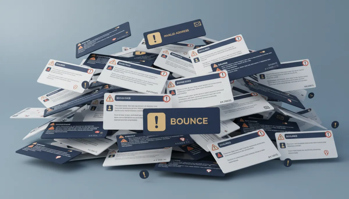 Photorealistic image showing an overflowing inbox with several bounced email notifications and warning icons, using Lead Savage brand colors (navy #233854 and gold #e5c059) as accent highlights. The image should convey the real-world consequence of emailing invalid addresses and look modern and credible.