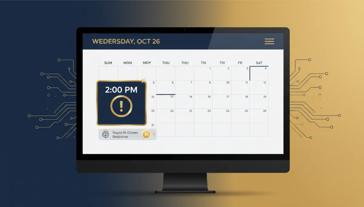 Photorealistic image of a digital calendar on a desktop monitor, with a missed 2pm appointment clearly highlighted using Lead Savage navy (#233854) and gold (#e5c059) accents. Include subtle, realistic visual cues of AI or automation (like a glowing AI icon or a notification pop-up) to indicate rapid AI-driven response. The overall image should feel modern and match the Lead Savage brand style.