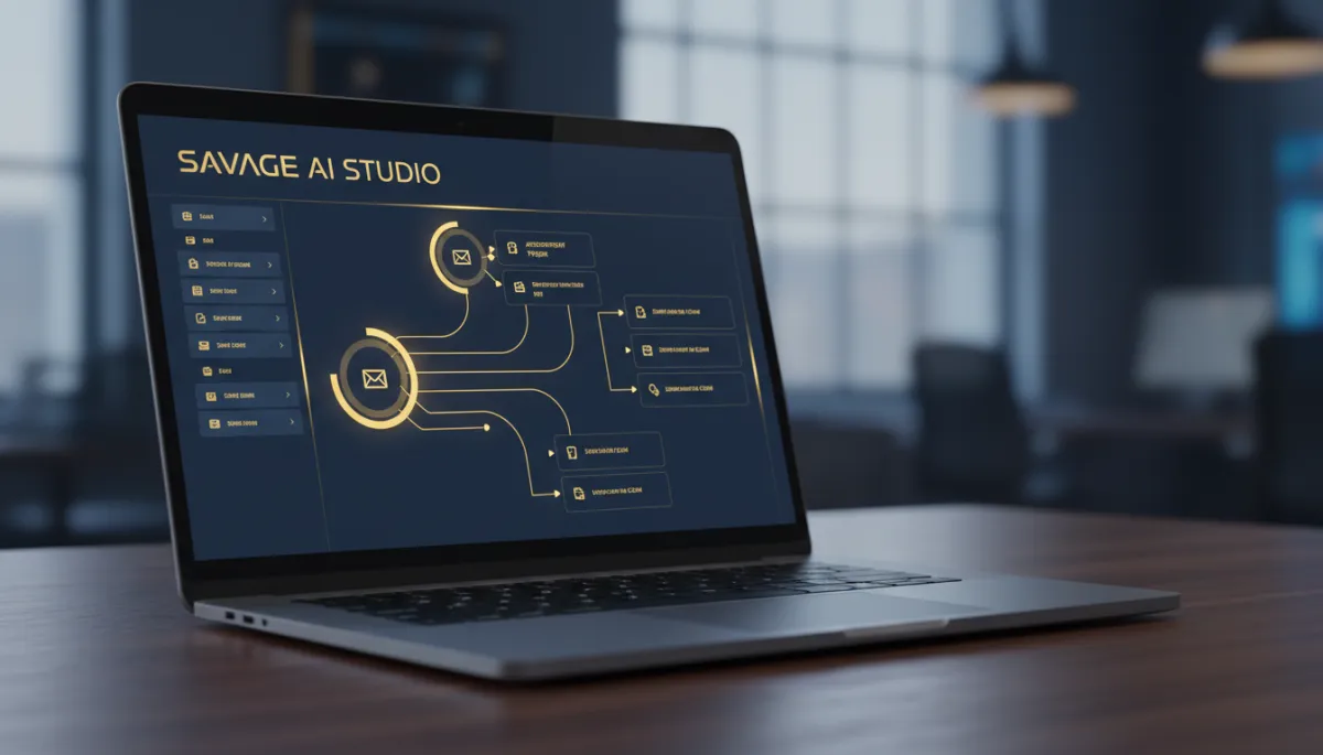 Photorealistic image of a laptop displaying the Savage AI Studio interface, with appointment triggers visually connected on the screen. The interface should feature dominant Lead Savage navy (#233854) and gold (#e5c059) color accents. Emphasize clarity, intuitive automation, and a high-tech, professional workspace environment.
