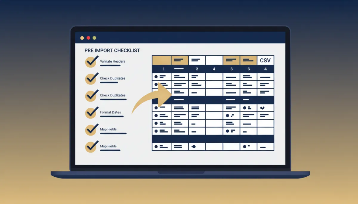 A modern, brand-styled illustration featuring a checklist and a CSV file on a laptop screen, using navy (#233854) and gold (#e5c059) accents, visually representing a pre-import checklist for contact data.