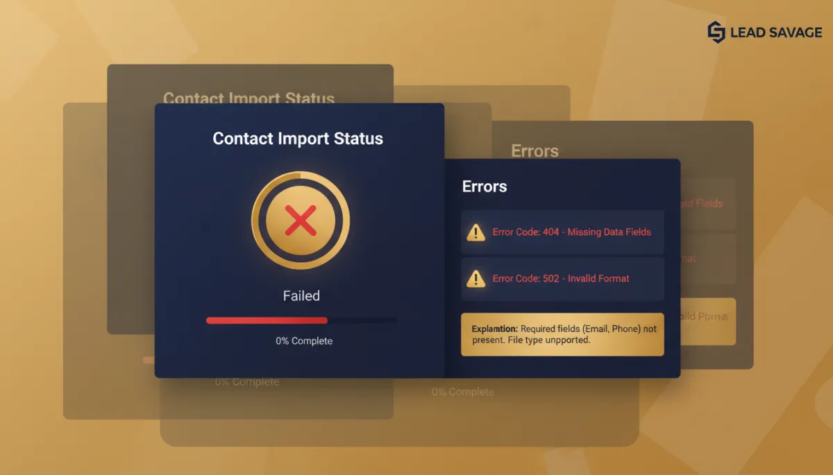 A photorealistic CRM dashboard interface with highlighted error codes and warning icons, styled in Lead Savage brand colors (navy #233854 and gold #e5c059), showing a failed contact import and easy-to-read error code explanations.