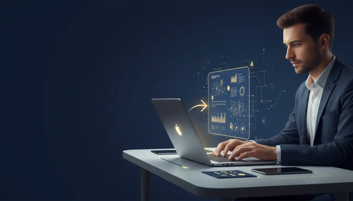 A photorealistic image of a professional workspace showing a user working at a laptop, accompanied by a digital AI assistant interface hovering beside them. The image should have navy (#233854) and gold (#e5c059) accents, consistent with Lead Savage branding, and convey the idea of an AI copilot supporting the user.