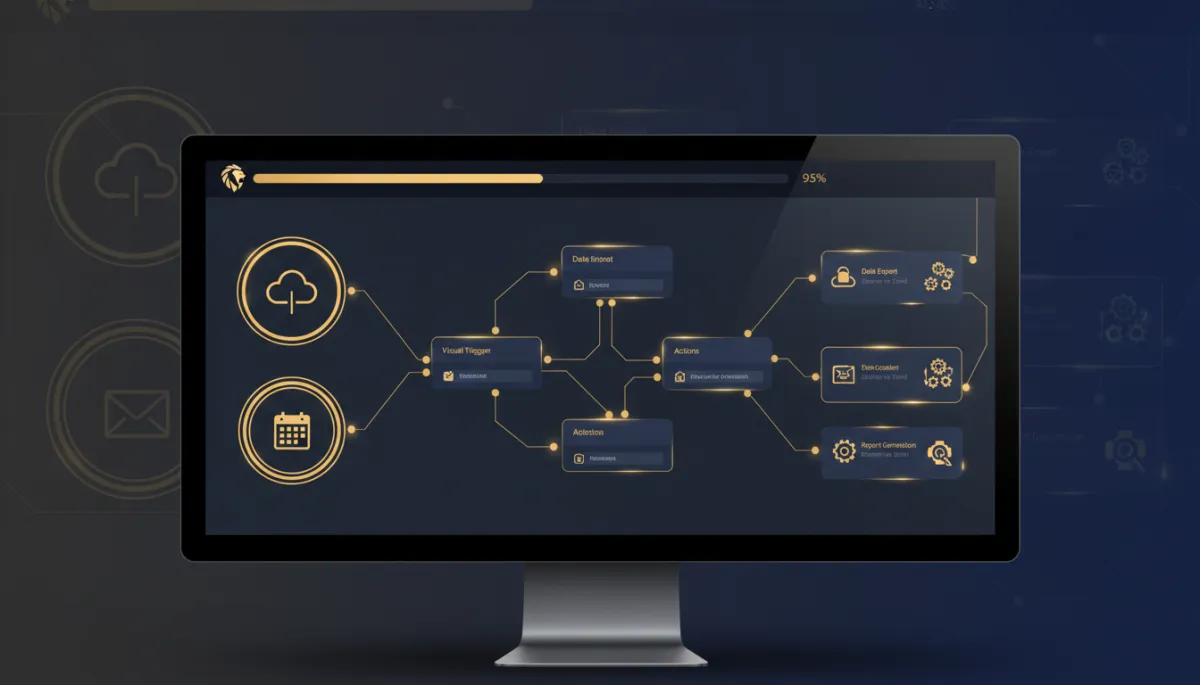 A photorealistic image of a modern office monitor displaying an advanced workflow automation dashboard, with visual triggers and actions running automatically. The dashboard interface features navy (#233854) and gold (#e5c059) brand accents, reflecting the reliability and sophistication of Savage AI Agents.