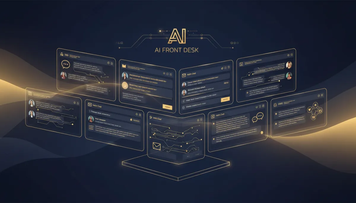 A photorealistic image of a sleek digital dashboard displaying multiple messaging conversations (SMS, email, web chat, social media) managed by AI. The interface uses navy (#233854) and gold (#e5c059) highlights in line with Lead Savage brand, conveying an always-on, professional AI front desk.