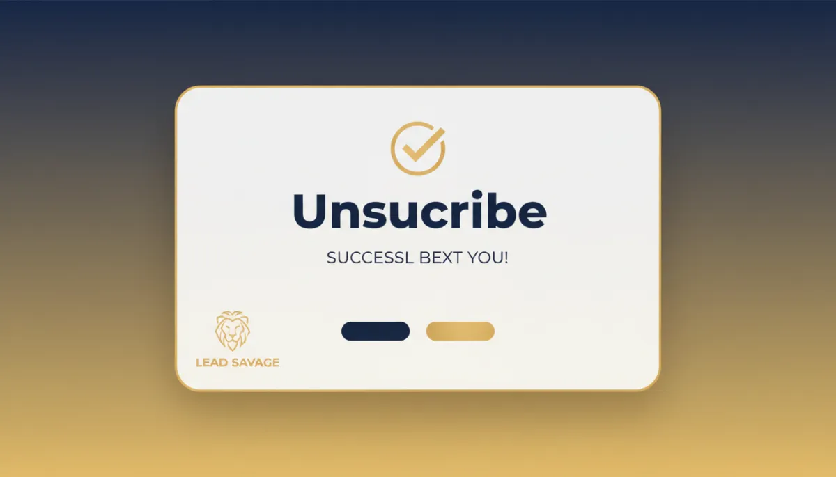 A photorealistic mockup of a professional unsubscribe landing page designed with Lead Savage brand colors (navy #233854 and gold #e5c059), featuring a clear confirmation message and subtle brand elements, illustrating an optimal unsubscribe experience.