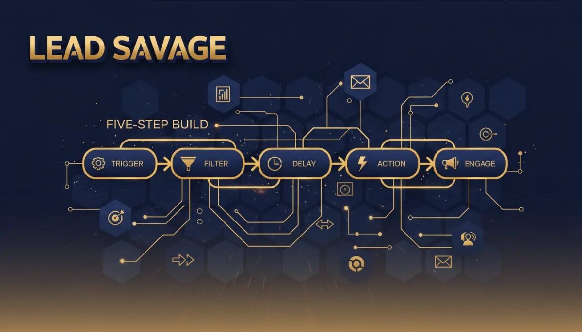 A photorealistic, tech-style illustration of an automated email workflow dashboard with prominent Lead Savage branding, featuring navy (#233854) and gold (#e5c059) accents, visually representing the 'five-step build' process.
