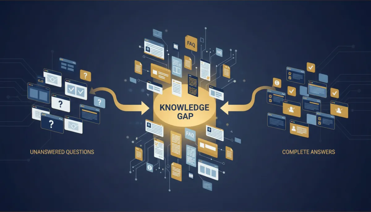 Photorealistic, tech-inspired scene of a knowledge base dashboard where a highlighted 'gap' is being filled in, with digital documents, FAQ entries, and web content visually represented. Use Lead Savage brand colors navy #233854 and gold #e5c059. Emphasize transformation from unanswered questions to complete answers.