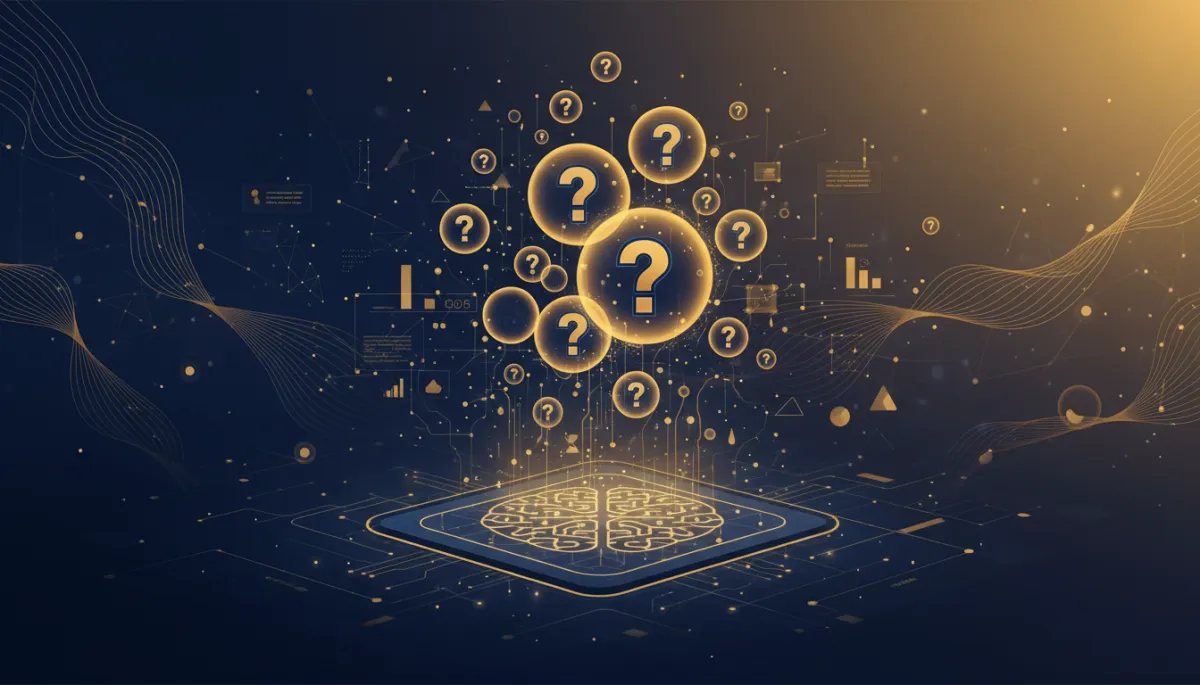 Photorealistic, tech-style image showing a digital Voice AI interface with abstract data points and speech bubbles appearing above it, highlighting 'unknown' or question marks, using Lead Savage brand colors navy #233854 and gold #e5c059. Focus on the concept of the Voice AI agent identifying and surfacing gaps in its knowledge base.