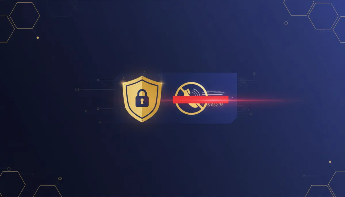 A photorealistic, tech-style image showing a blocked spam call notification on a digital dashboard. The design uses Lead Savage brand colors navy (#233854) and gold (#e5c059), with visual elements like a shield or lock to symbolize security and call blocking.