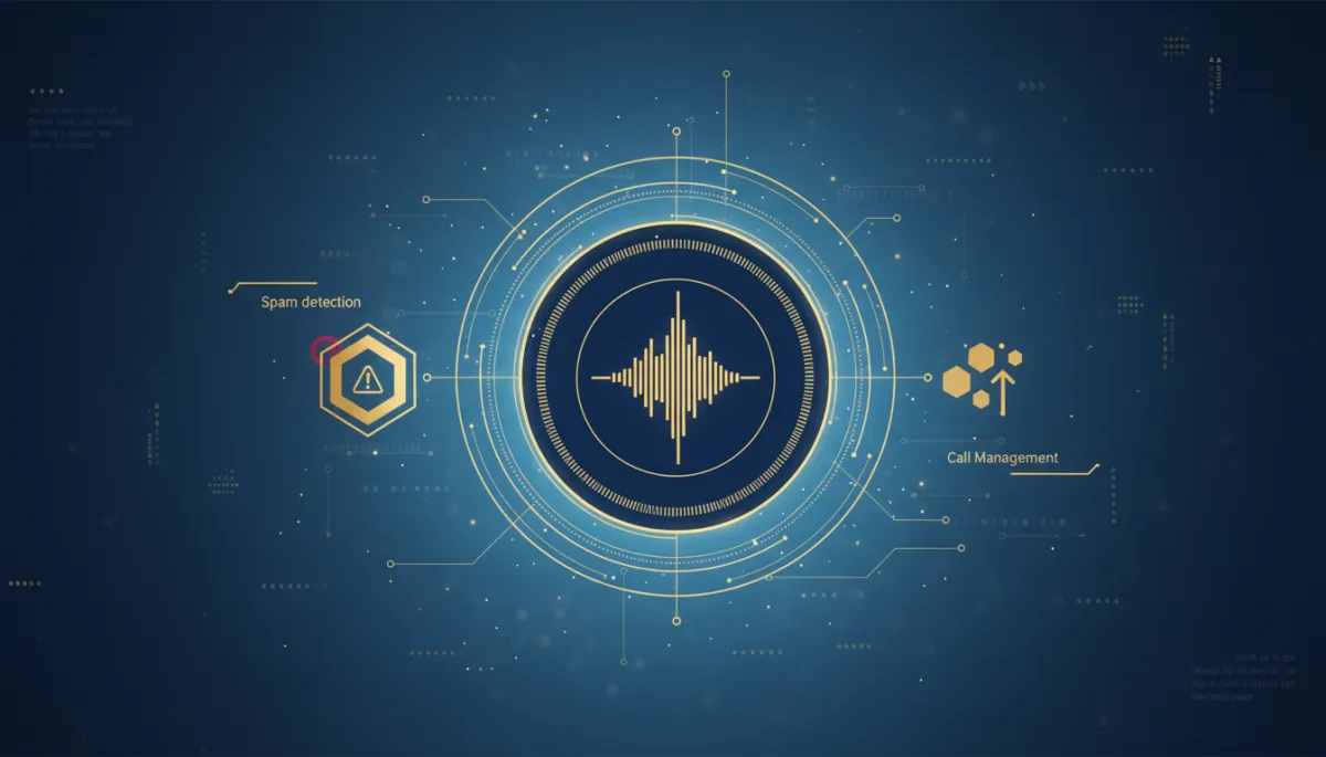 A photorealistic, tech-style image of a modern Voice AI interface actively analyzing an incoming phone call. The interface should feature navy (#233854) and gold (#e5c059) accent colors, with subtle visual cues representing spam detection and call management.