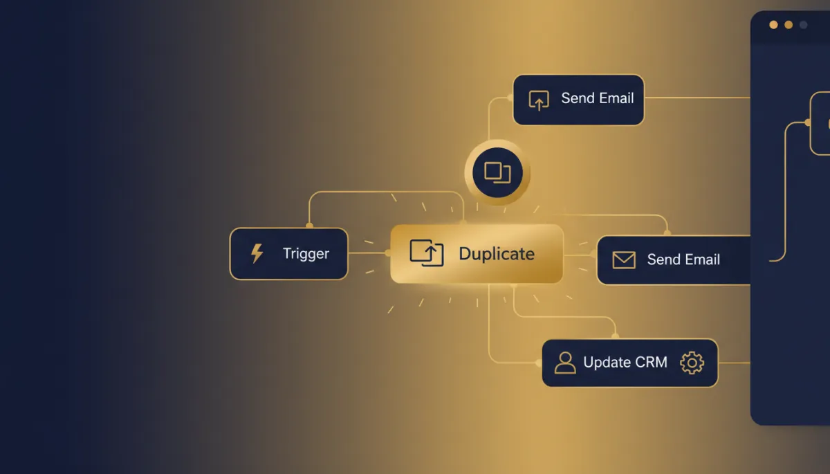 Photorealistic tech-style image of an automation workflow interface showing a 'Copy' or 'Duplicate' trigger action, using Lead Savage brand colors navy #233854 and gold #e5c059. Emphasize ease of duplicating triggers in a modern automation dashboard, with highlighted copy/duplicate button.