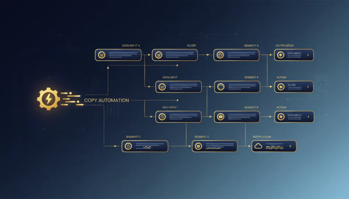 Photorealistic tech-style image representing workflow triggers applied to different segments or scenarios—such as multiple similar automation flows with small differences—using Lead Savage navy #233854 and gold #e5c059. Visualize efficiency and productivity from copying automations.