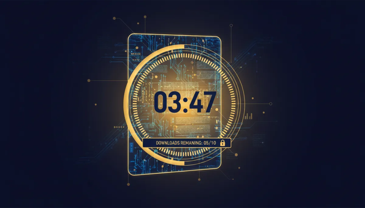 A photorealistic, tech-style image of a digital document with a countdown timer and download limit indicator overlay, suggesting expiration and restricted access. Uses Lead Savage brand colors: navy #233854 and gold #e5c059. Visual focus on security and controlled document access.