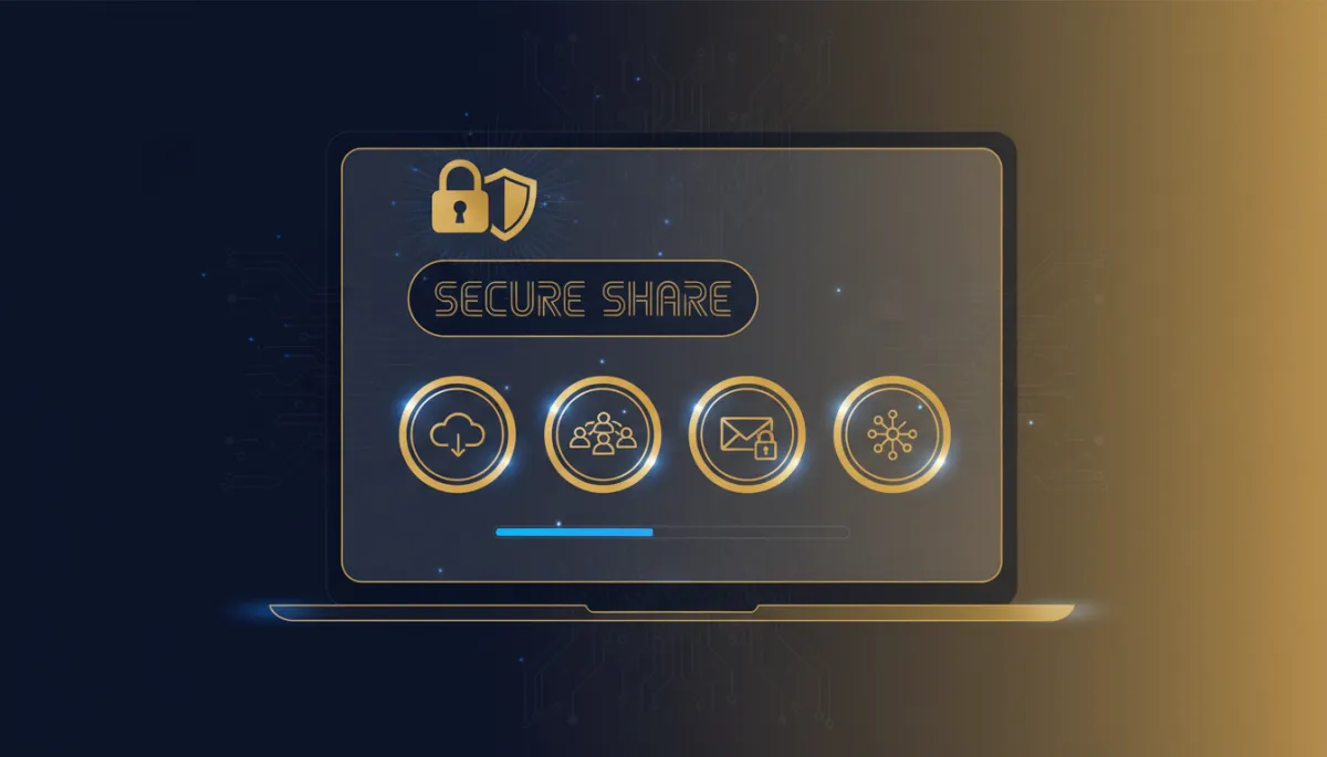 A photorealistic, tech-style image showing a secure document sharing interface on a laptop screen, with icons for privacy (lock, shield), and four sharing options highlighted. Uses Lead Savage brand colors: navy #233854 and gold #e5c059. Visual emphasis on privacy and choice.
