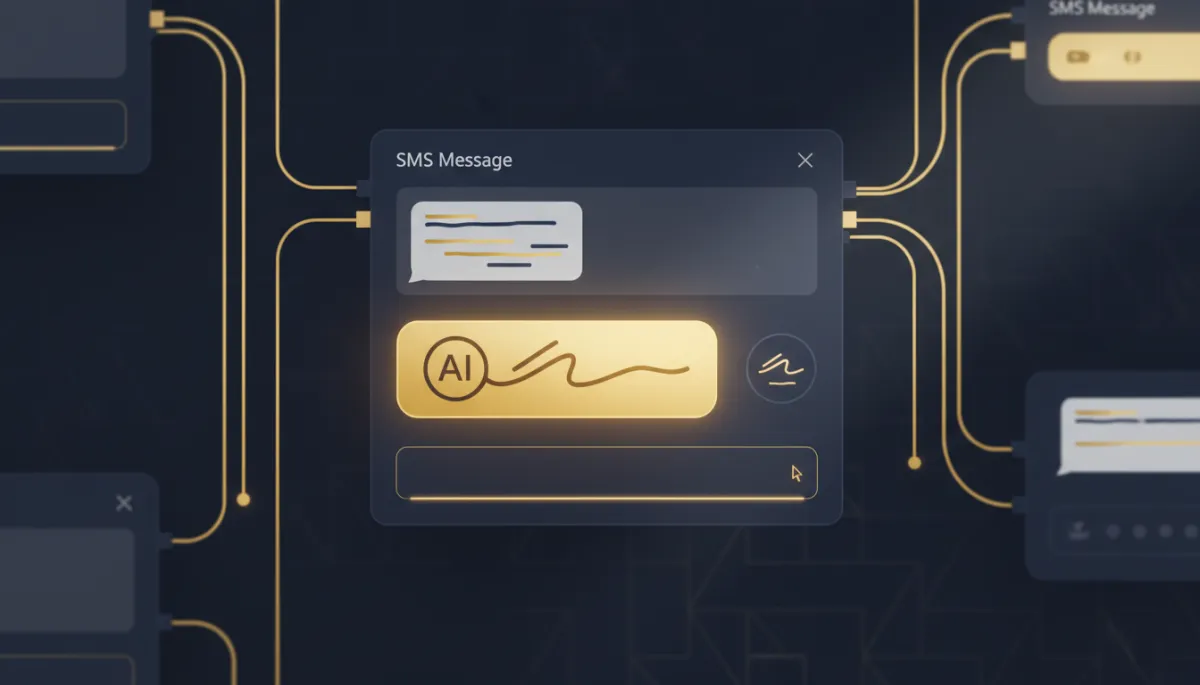 Photorealistic/tech style image showing an AI-powered SMS messaging interface inside a workflow builder, with visual emphasis on a 'Write with AI' button. Use Lead Savage brand colors navy (#233854) and gold (#e5c059). Modern, clean, and relevant to instant AI message drafting.