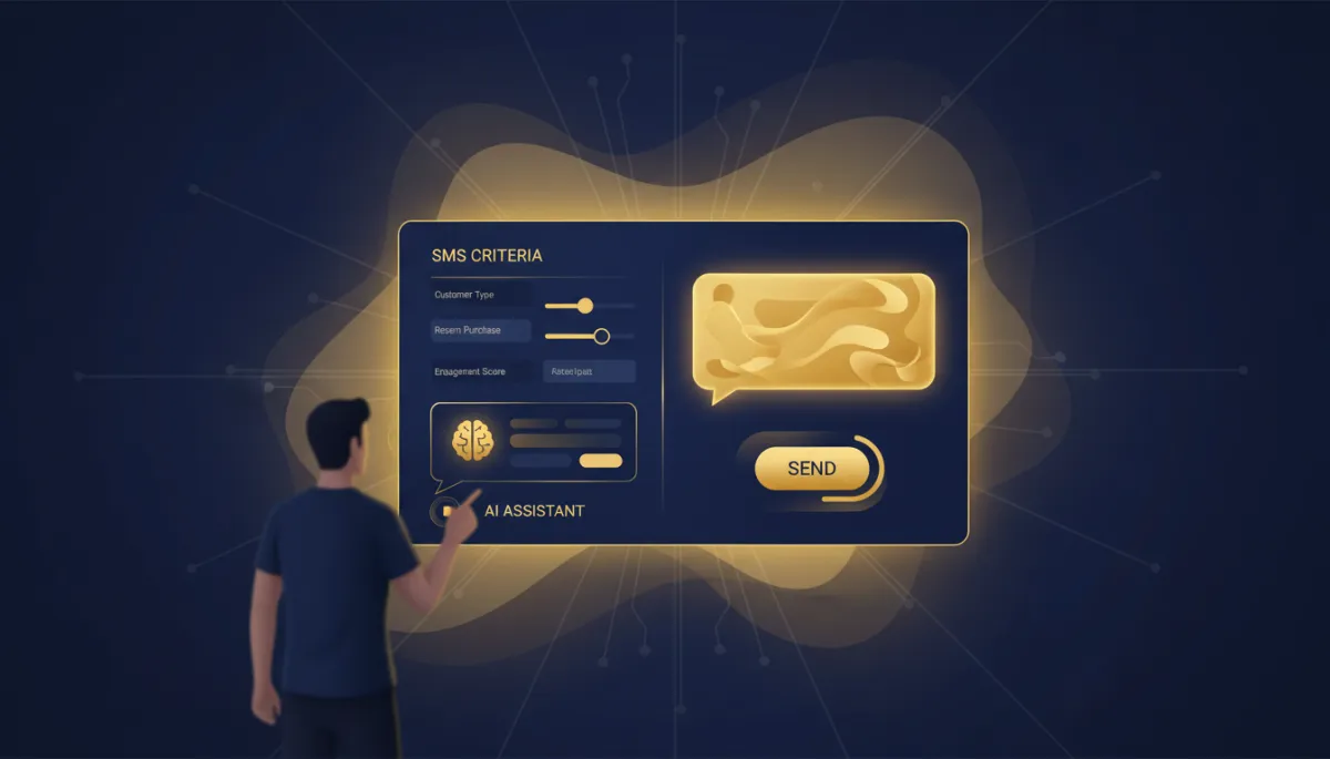Photorealistic/tech style image of a user specifying detailed SMS criteria to an AI assistant, leading to a polished, ready-to-send SMS draft. Interface elements and workflow visuals should use Lead Savage brand colors navy (#233854) and gold (#e5c059). Emphasize clarity, efficiency, and AI support.
