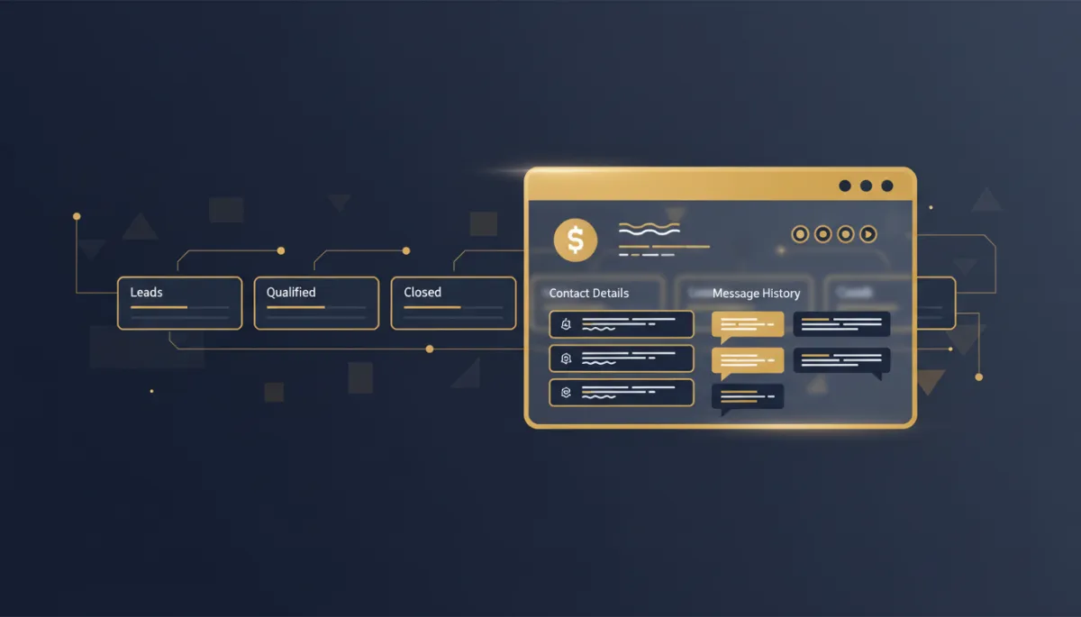A photorealistic, tech-style image of a CRM interface with a contact overlay panel sliding in from the right, displaying contact details and message history, using Lead Savage brand colors navy #233854 and gold #e5c059. The background should resemble a modern CRM pipeline view, with the overlay clearly in focus.