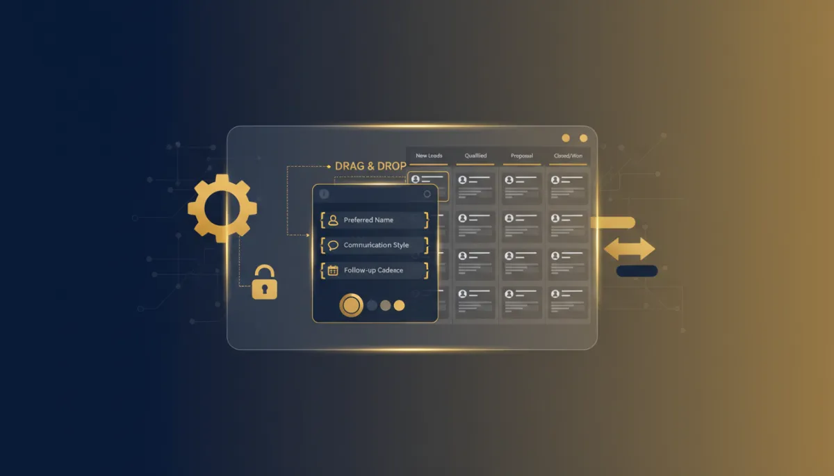 A photorealistic, tech-style image showing a customizable CRM pipeline view, highlighting user-personalized contact fields and layout within an overlay panel. The design should use Lead Savage brand colors navy #233854 and gold #e5c059, and convey easy customization and seamless integration.