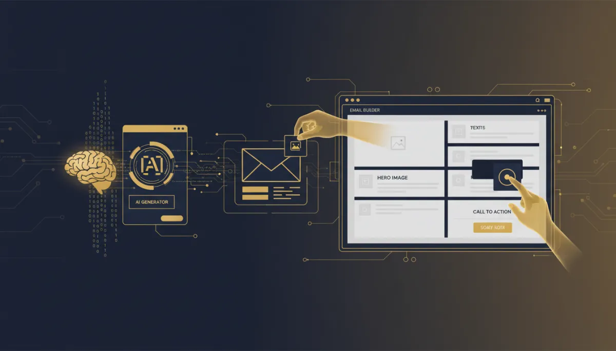 A photorealistic, tech-style image depicting a seamless handoff from an AI email generator to a drag-and-drop email builder, using Lead Savage brand colors navy (#233854) and gold (#e5c059), with a focus on collaborative workflow and editable templates.