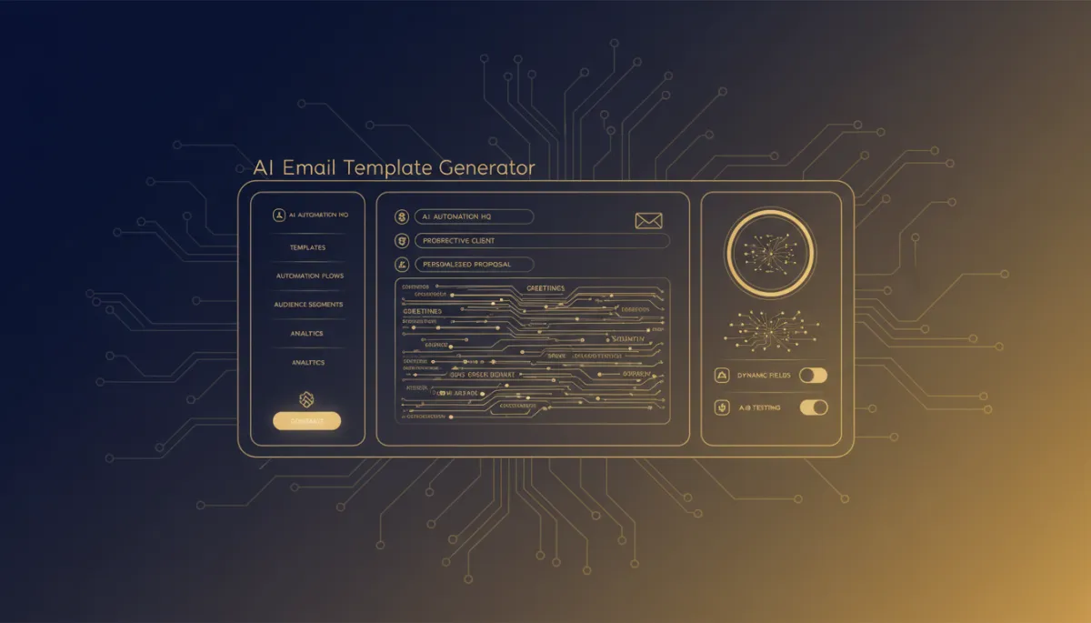 A photorealistic/tech-style image showing an AI interface generating a professional email template, featuring navy (#233854) and gold (#e5c059) as key brand colors, with visible UI elements hinting at email creation and automation.