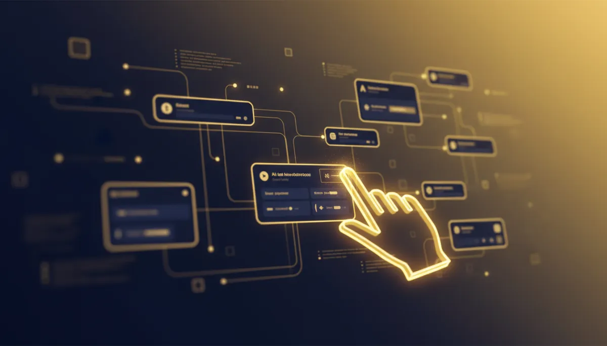 A photorealistic, tech-style image depicting a user taking control of an AI-built workflow within a builder canvas. The interface uses Lead Savage brand colors navy #233854 and gold #e5c059, showing a hand or cursor actively editing and fine-tuning the workflow on a digital dashboard, with AI-powered suggestions in the background. The visual should convey empowerment, hands-on editing, and a seamless transition from AI-preview to human refinement.