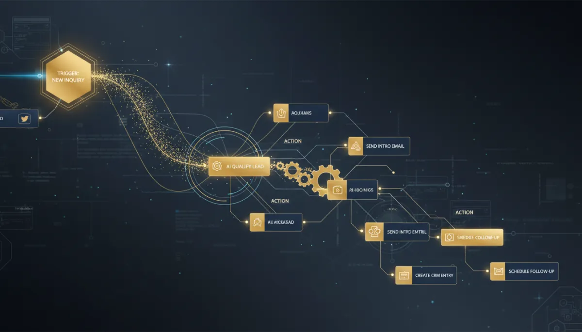 A photorealistic, tech-style image of an AI-powered workflow builder canvas in action, using Lead Savage brand colors navy #233854 and gold #e5c059. The interface shows an abstract visualization of triggers, actions, and connections being automatically created by AI, with glowing digital elements and a modern tech atmosphere. Relevant to the concept of describing an automation and having AI wire it instantly, with clear workflow structure and a focus on seamless automation.