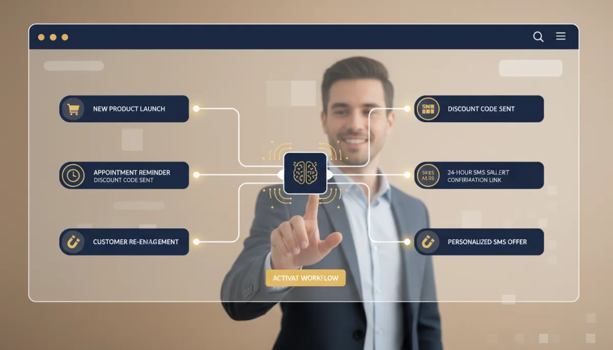 Professional photorealistic image of a business user saving time by automating SMS communications with AI within a workflow builder. The interface should feature branded colors (navy #233854 and gold #e5c059) and showcase multiple use cases (promotions, reminders, re-engagement) with a sense of efficiency and modernity.