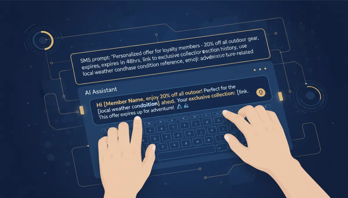 Photorealistic/tech style image depicting a user entering a highly specific marketing SMS prompt into an AI-powered messaging assistant. The AI generates a ready-to-send, highly tailored SMS, with interface elements and accent colors in Lead Savage brand navy (#233854) and gold (#e5c059). Visual emphasis on specificity leading to quality output.