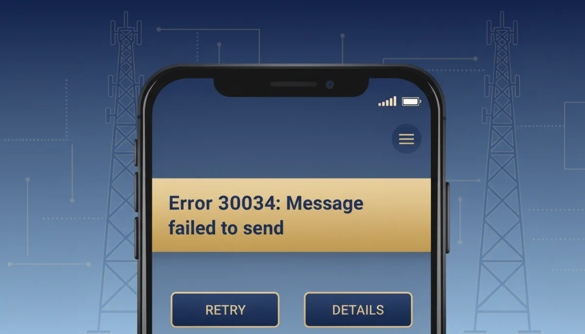 A photorealistic close-up of a smartphone screen clearly displaying SMS Error 30034, with UI elements in navy (#233854) and gold (#e5c059). The background features subtle representations of SMS infrastructure and a campaign linking diagram, conveying a professional, technology-driven mood.