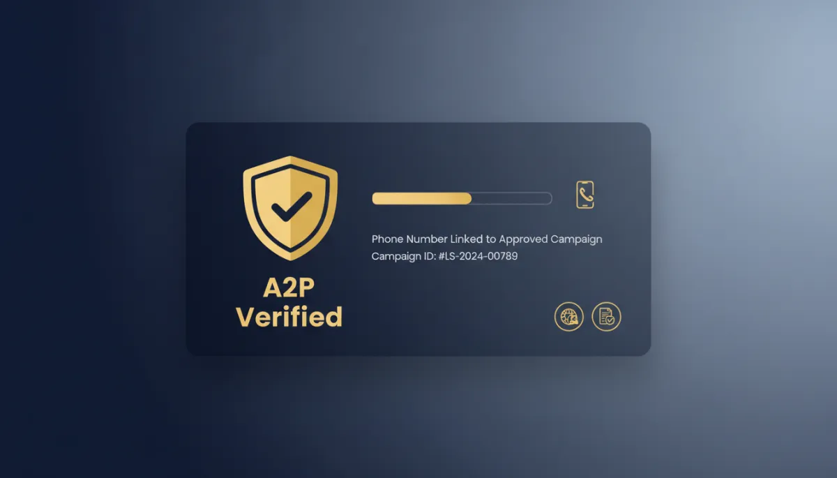 A professional, photorealistic dashboard interface showing a phone number being successfully linked to an approved A2P campaign. Prominently display an 'A2P Verified' badge in Lead Savage gold (#e5c059) on a navy (#233854) UI background, with subtle messaging and compliance icons.
