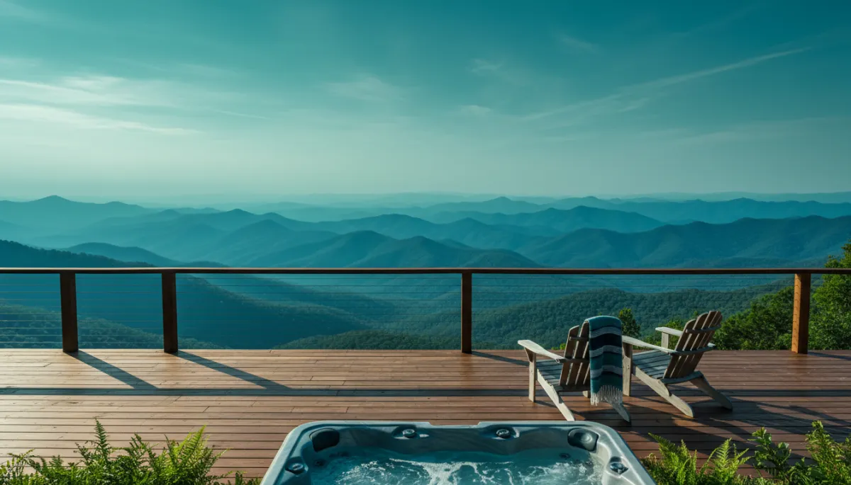 Smoky Mountain investment cabin deck overlooking layered mountain ridges