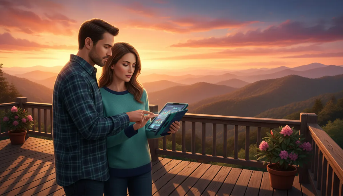Photorealistic scene of a Tennessee couple standing on a deck overlooking Smoky Mountain foothills at sunset, reviewing a tablet with their loan options, subtle navy #012a3a and teal #007dab accents in their clothing and tablet case