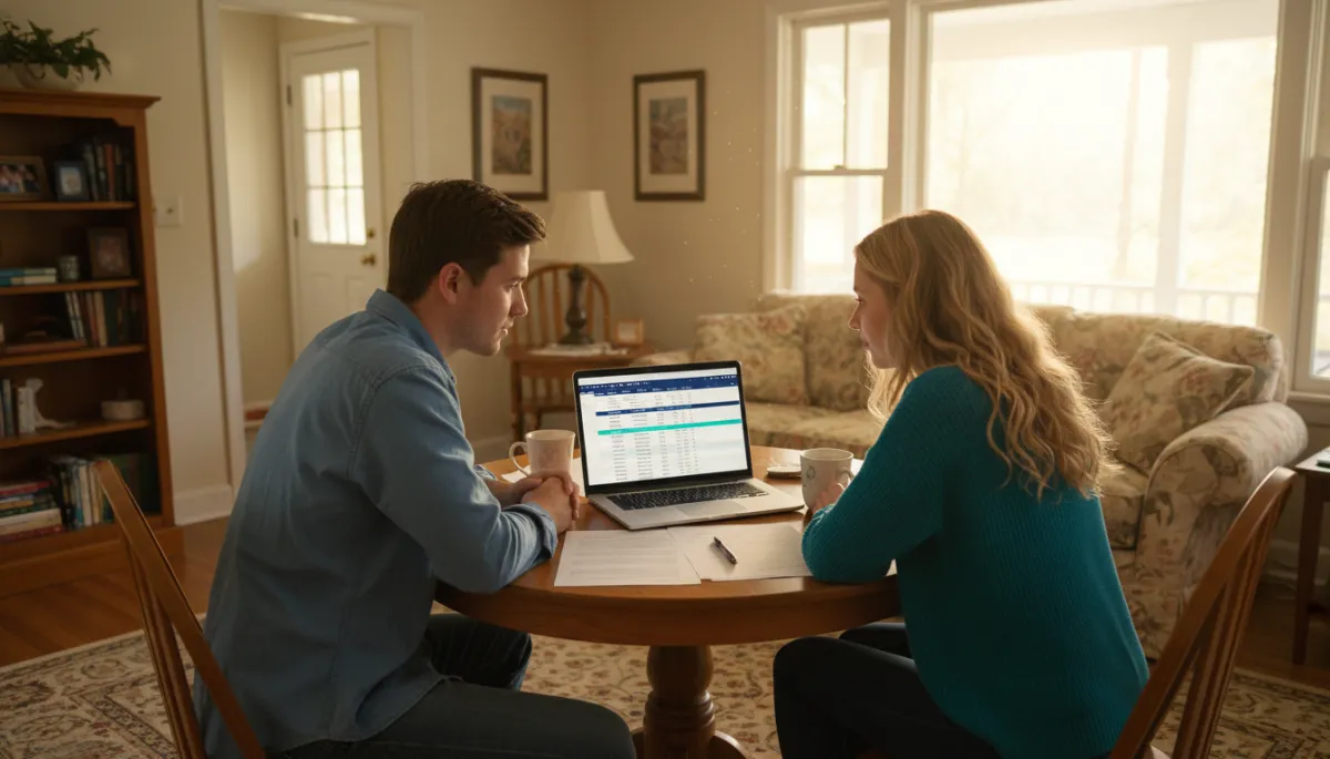 Photorealistic interior of a modest but well-kept East Tennessee starter home, couple at the dining table reviewing loan estimates on a laptop with a navy #012a3a and teal #007dab colored spreadsheet on screen