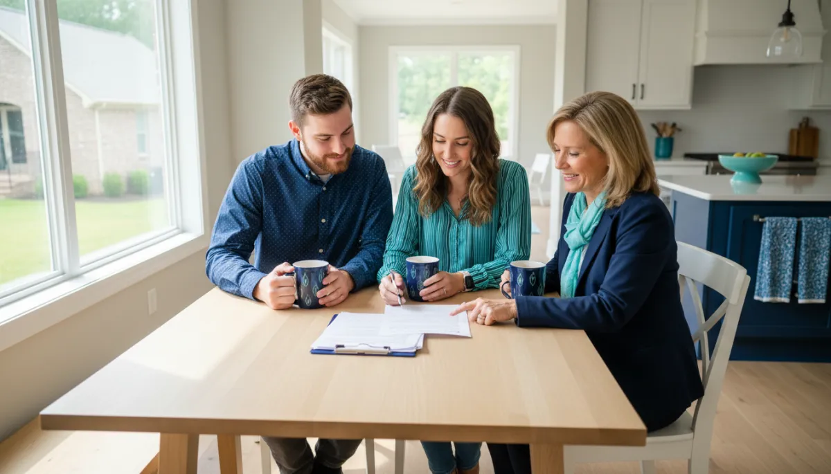 Photorealistic scene of Maryville TN renters meeting with a loan officer about buying a home