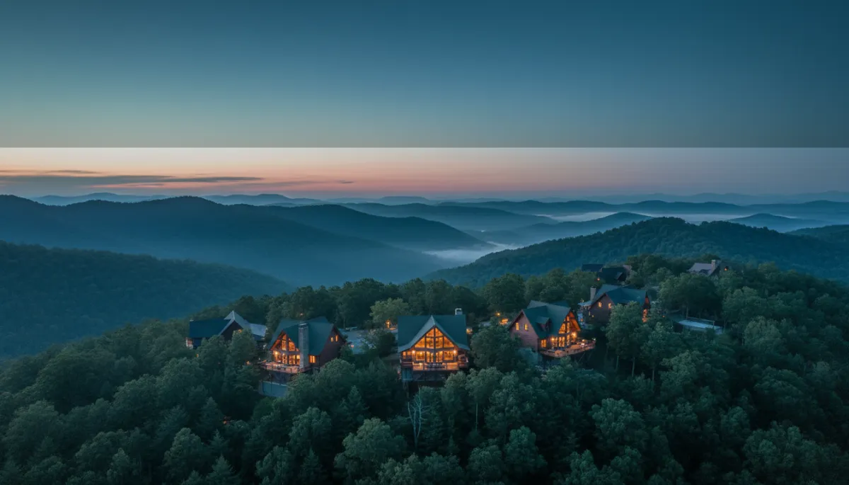 photorealistic twilight aerial of luxury Smoky Mountain cabins with warm interior lights glowing, nestled in lush hills, subtle teal (#007dab) and navy (#012a3a) color grading, modern typography area for overlay text near top sky