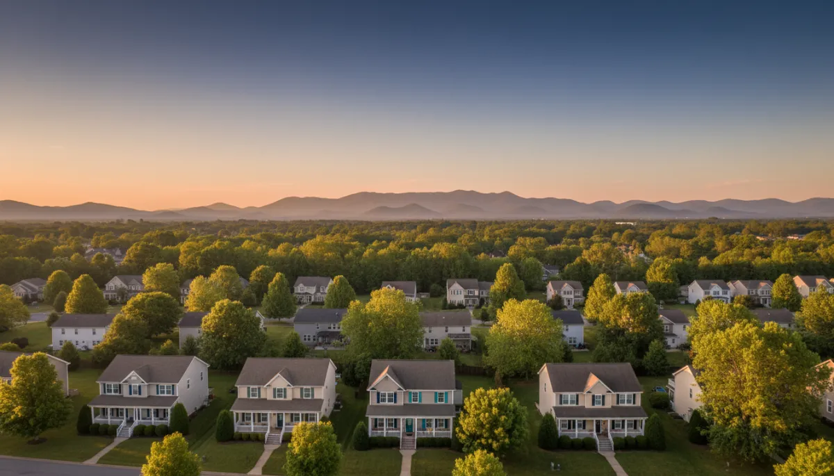 photorealistic aerial view of a quiet Maryville Tennessee neighborhood at golden hour, mix of single-family homes with front porches, Smoky Mountains in the distance, subtle navy #012a3a and teal #007dab accents on house doors and trim, soft natural light, headline space in sky area