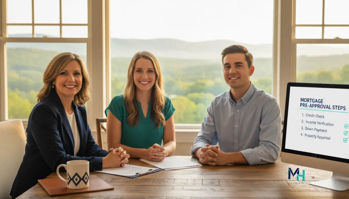photorealistic scene of a friendly mortgage loan officer sitting at a desk with a young couple in an East Tennessee-style home office, large windows showing soft hills in the background, computer screen displaying a simple mortgage pre-approval checklist in navy #012a3a and teal #007dab, warm natural light, reassuring smiles, subtle branded accents in navy and teal