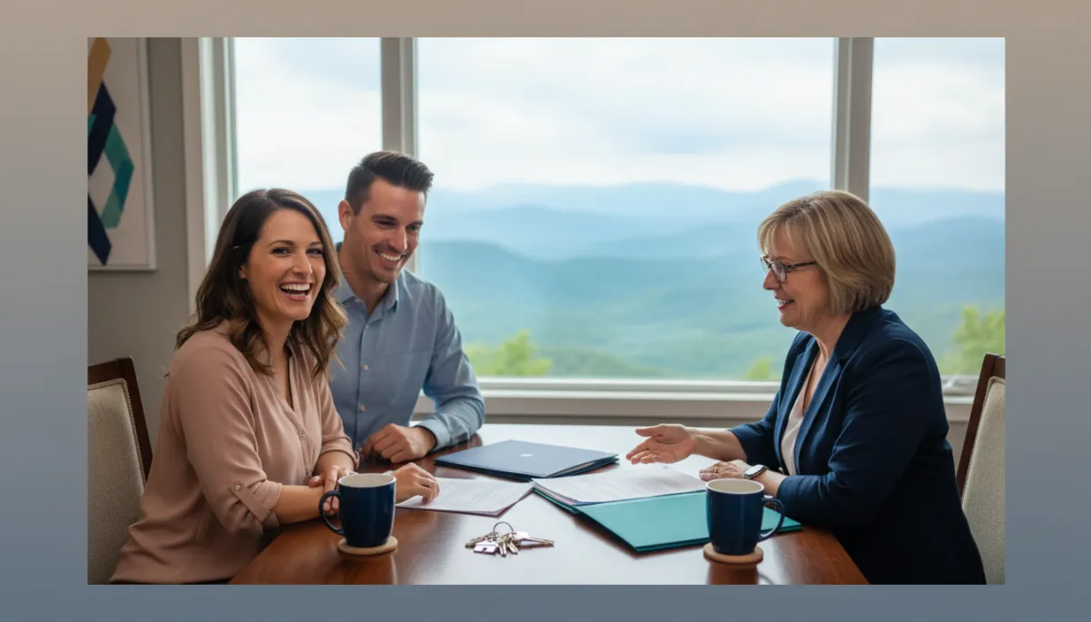 photorealistic scene of a smiling couple at a closing table with a friendly loan officer, signed documents and house keys on the table, soft focus view of the Smoky Mountains through a window, subtle navy #012a3a and teal #007dab accents in folders, coffee mugs, and wall art