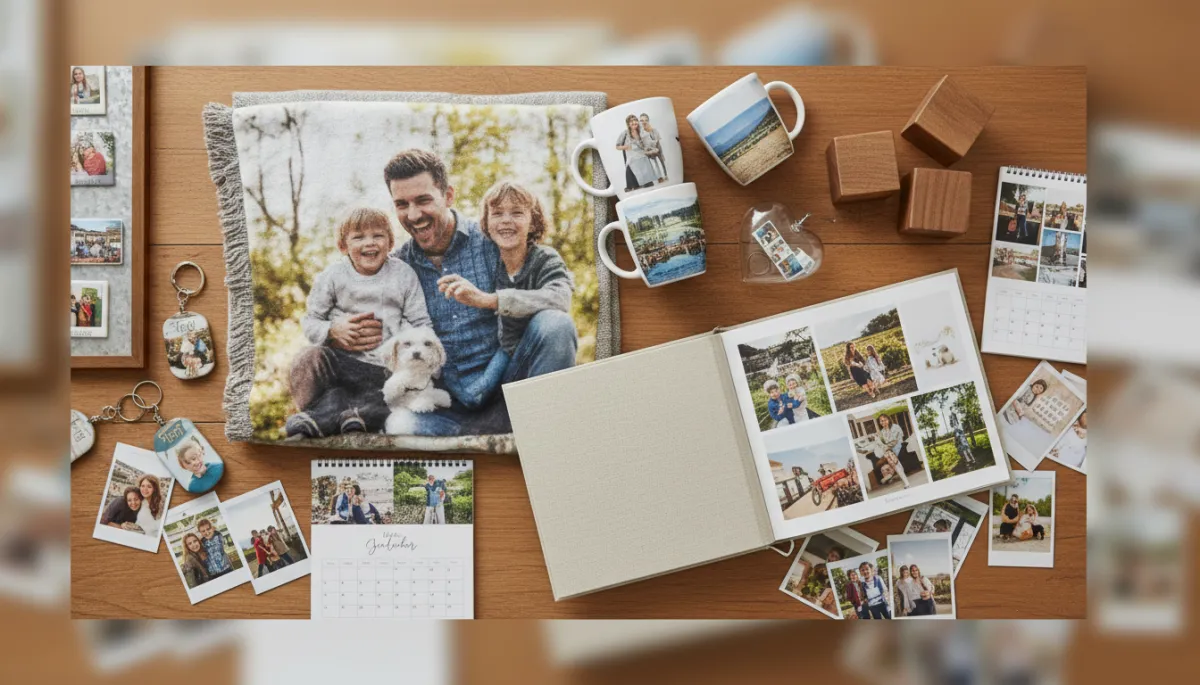 Hands turning pages of a personalized photo book filled with family memories