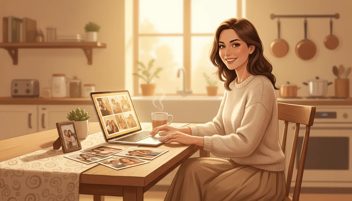A woman in a warm, inviting kitchen setting organizing family photos on a laptop, with printed photos spread on the table. The image should feature warm, golden tones and incorporate the brand color palette (including #8B6914 and #555). Any visible text or accents should use the brand fonts: 'Helvetica Neue' and 'Source Serif 4'. A woman in a warm, inviting kitchen setting organizing family photos on a laptop, with printed photos spread on the table. The image should feature warm, golden tones and incorporate the brand color palette (including #8B6914 and #555). Any visible text or accents should use the brand fonts: 'Helvetica Neue' and 'Source Serif 4'.