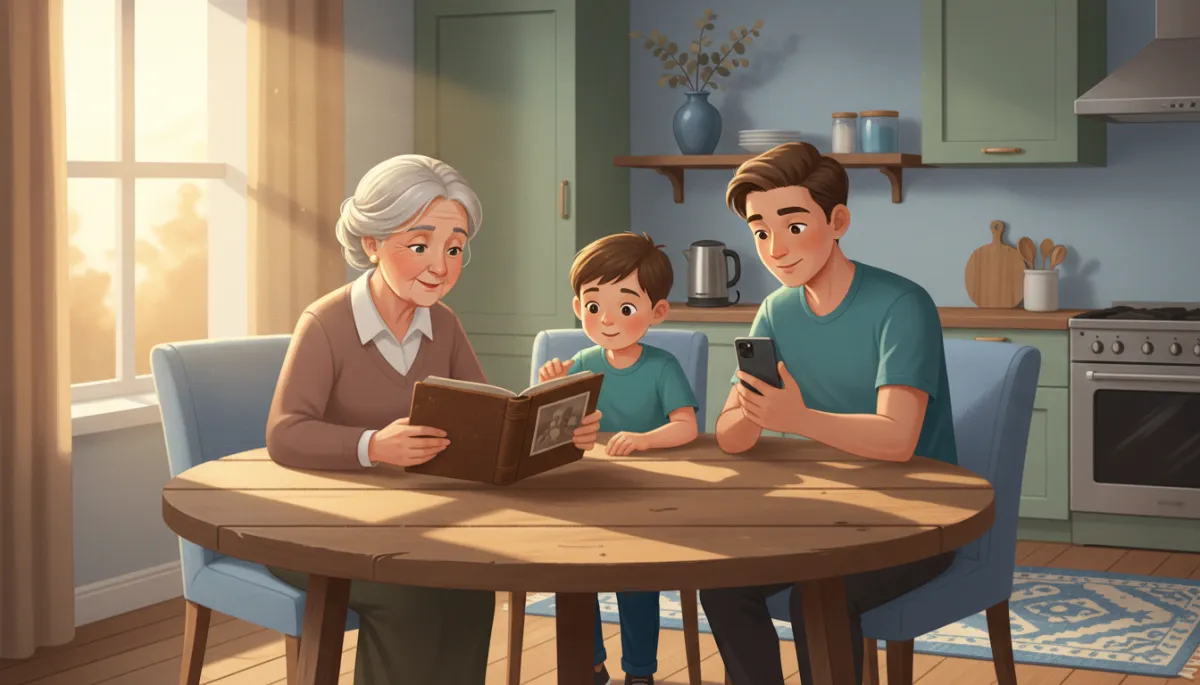Three generations gathered around a wooden kitchen table in warm evening light, grandparent showing a grandchild an old photo album while another family member snaps a candid photo on a smartphone, soft blue and sage accents in the room decor