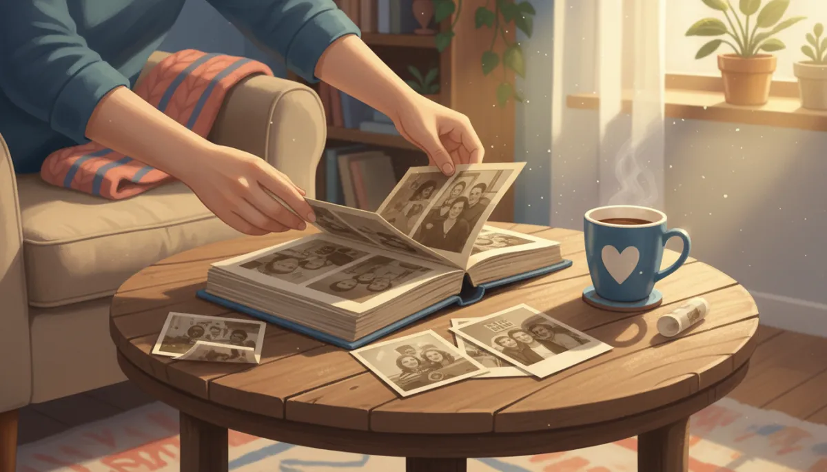 Close-up of hands flipping through a slightly worn family photo album on a cozy living room coffee table, scattered loose prints nearby, warm afternoon sunlight and soft blue and salmon accents in blankets and mugs