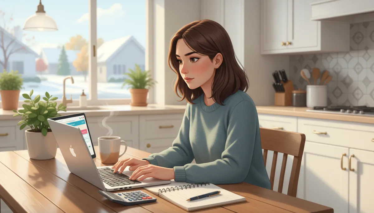 Photorealistic scene of a young first-time homebuyer in a bright Minnesota kitchen, sitting at a table with a laptop open to a home affordability calculator, calculator and notepad beside them, focused and determined expression, cozy decor, light streaming through window with a hint of a snowy or early-spring suburban neighborhood outside