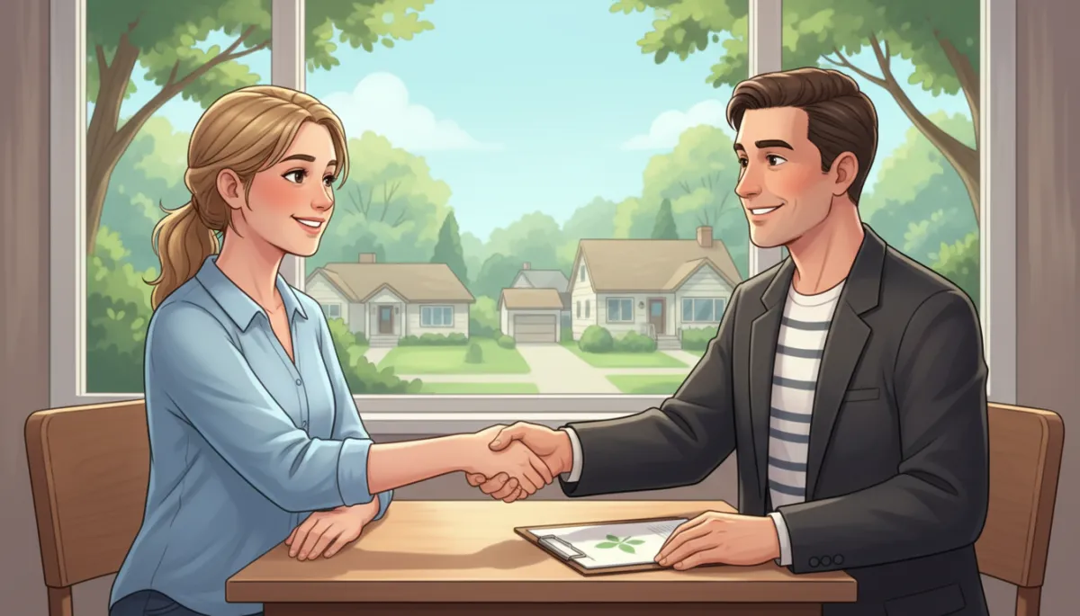 Photorealistic scene of a first-time homebuyer looking relieved and confident while shaking hands with a warm, approachable real estate agent across a small desk, window showing a leafy Minnesota neighborhood with modest single-family homes, soft natural light, casual but professional clothing, friendly smiles and a folder of home listings between them