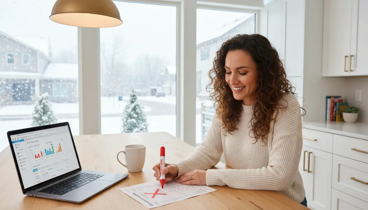 Photorealistic scene of a first-time homebuyer at a kitchen island in a bright, modern Minnesota home, smiling in relief while drawing a bold red X through a PMI line item on a printed mortgage statement, laptop open with mortgage calculator on screen, light snow visible outside large windows, mood empowered, financially savvy, hopeful
