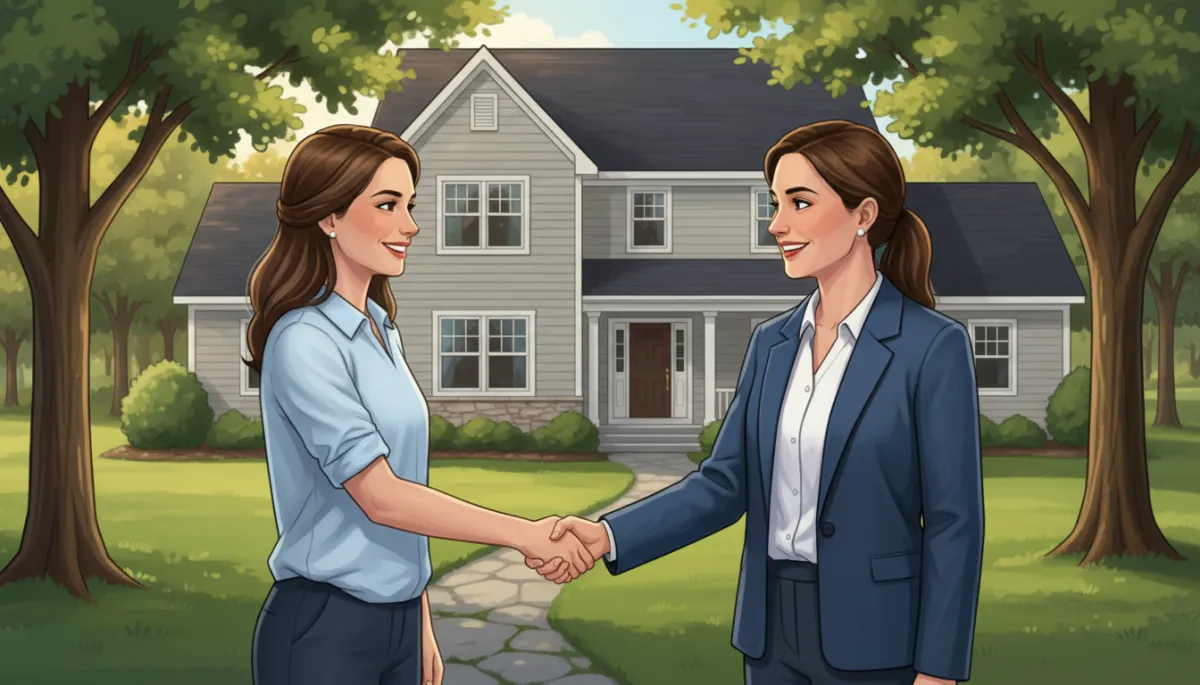 Photorealistic scene of a friendly real estate agent shaking hands with a smiling first-time buyer couple in front of a classic Minnesota single-family home, green yard, summer trees, professional attire, warm natural light, sense of trust and partnership
