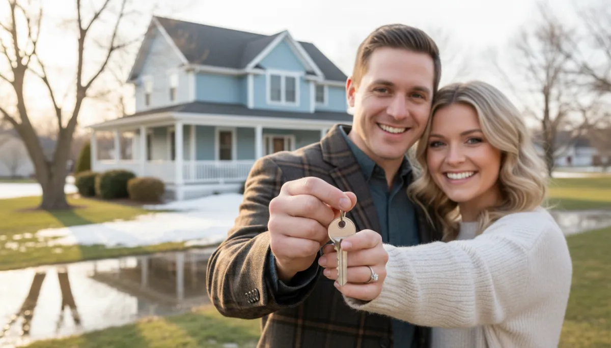 Photorealistic close-up of a smiling first-time buyer couple standing outside a cozy Minnesota home in early spring, holding a house key on a keyring together, soft sunlight and a hint of melting snow in the yard